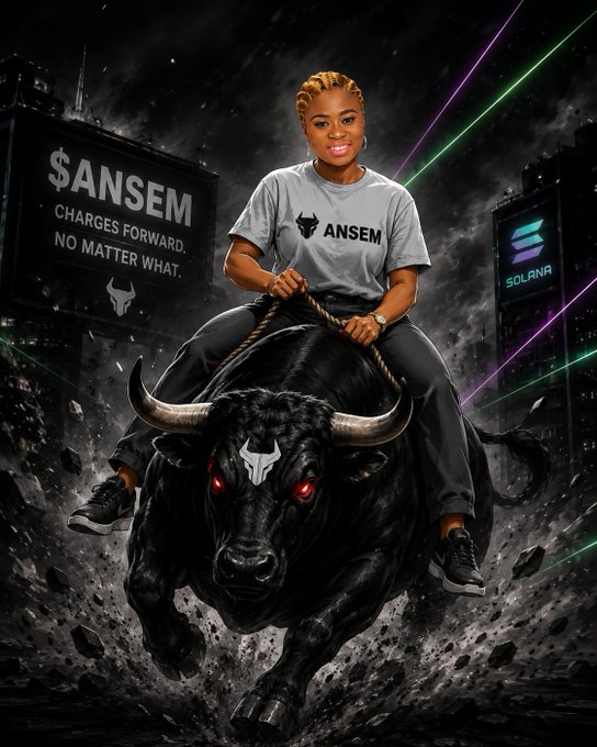 A woman rides a charging bull with glowing red eyes, embodying the $ANSEM ticker and its message "CHARGES FORWARD. NO MATTER WHAT." The Solana logo is visible in the background.