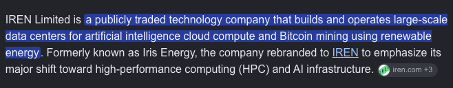 A text snippet describing IREN Limited as a publicly traded technology company building data centers for AI cloud compute and Bitcoin mining using renewable energy, formerly known as Iris Energy.