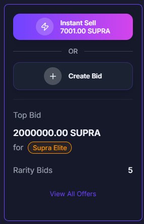 A dark digital interface shows an 'Instant Sell' option for '7001.00 SUPRA', a 'Create Bid' button, and a 'Top Bid' of '2000000.00 SUPRA for Supra Elite', with 'View All Offers' below.