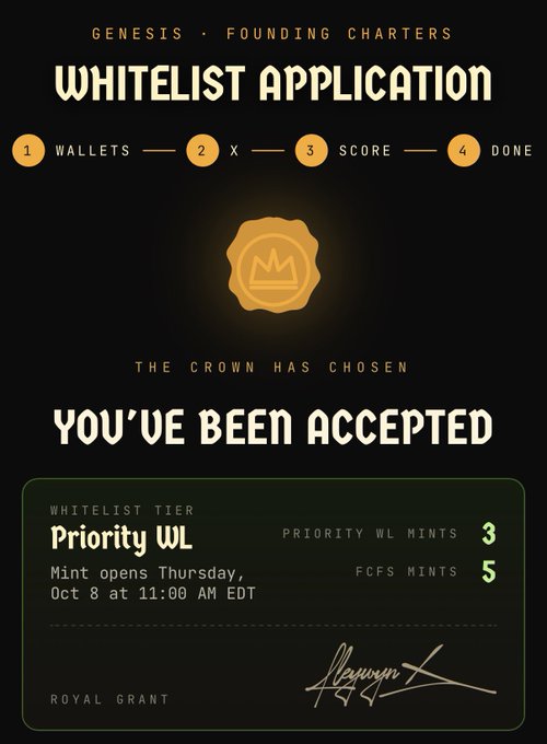 A digital 'Whitelist Application' graphic for 'Genesis Founding Charters' shows 'You've Been Accepted' with a 'Priority WL' tier, noting 'Priority WL Mints 3' and 'FCFS Mints 5' with a mint date of Thursday, Oct 8 at 11:00 AM EDT.