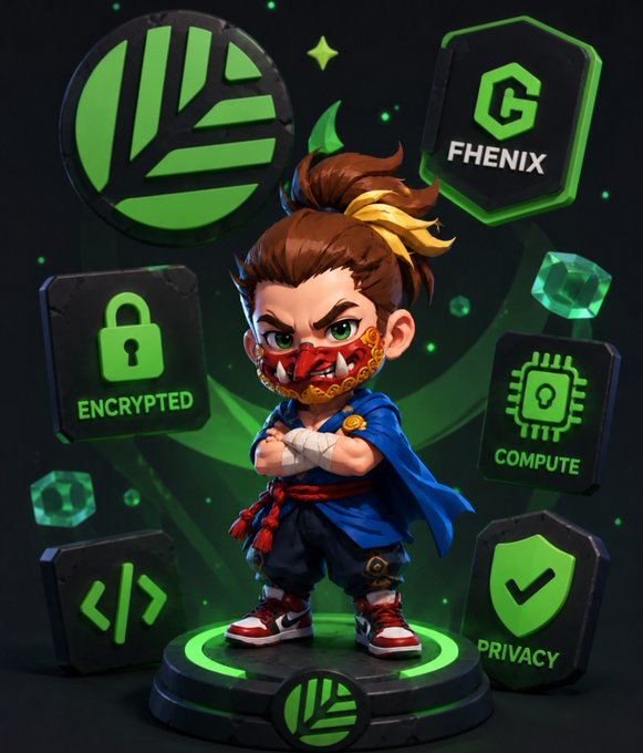 Digital artwork featuring a stylized chibi-style warrior with a mask standing on a platform, surrounded by floating icons labeled 'FHENIX', 'ENCRYPTED', 'COMPUTE', and 'PRIVACY'.
