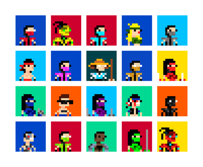 A grid of 20 pixel art portraits of various stylized characters, warriors, and figures, each displayed against a different solid bright color background.