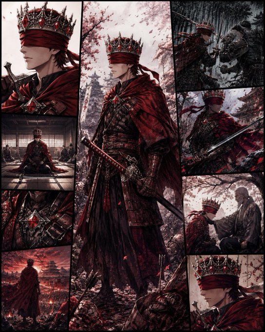 A collage of anime-style illustrations featuring a blindfolded king in red armor and a crown, depicted in various dramatic scenes with swords and cherry blossoms. The image serves as stylistic aesthetic art accompanying the promotional text for Tria Travel.