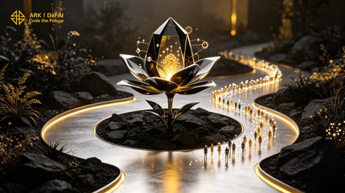 A glowing crystal and flower sculpture stands at the center of a luminous pathway, surrounded by small figures walking along illuminated trails—symbolizing a community-driven ecosystem where collective participation fuels growth. The text "ARK | DeFAI - Code the Future" appears in the upper left corner, tying the visual metaphor of many contributors converging toward a central source of light to ARK's mission of empowering users to build with AI together.