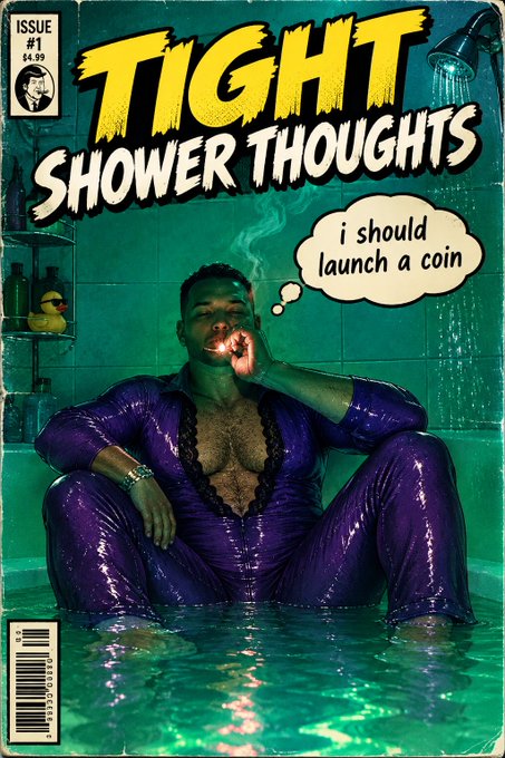 A comic book-style cover titled 'TIGHT SHOWER THOUGHTS' (Issue #1, $4.99) featuring a man in a purple sparkly outfit sitting in a shower with a thought bubble reading 'i should launch a coin'.