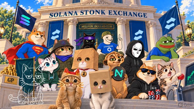 An illustration of various internet meme characters (including Shiba Inu cats in costumes) in front of a building labeled 'SOLANA STONK EXCHANGE - MILLION DOLLAR CLUB', created by 'Orarik'.