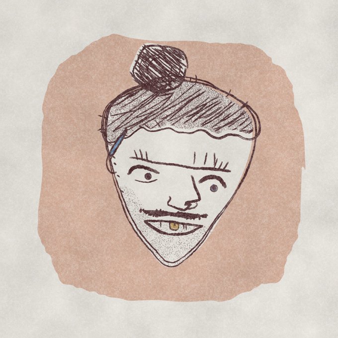 A whimsical hand-drawn illustration of a smiling face with a topknot bun, a mustache, and a blue pencil tucked behind its ear, set against a pink watercolor background.