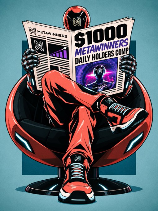 A stylized illustration of a figure in a red suit and helmet sitting in a red chair reading a newspaper titled 'METAWINNERS' with the headline '$1000 METAWINNERS DAILY HOLDERS COMP'.