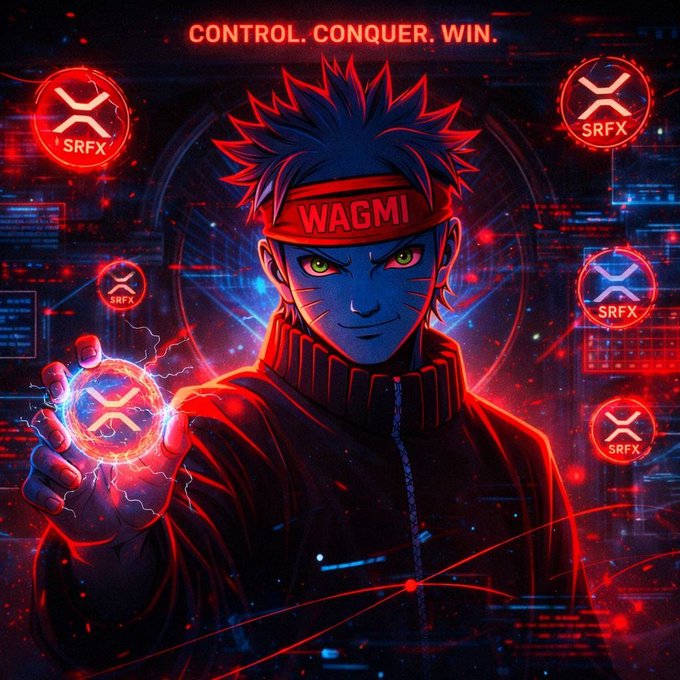An anime-style illustration of a character wearing a 'WAGMI' headband, holding an XRP coin with lightning effects, under the text 'CONTROL. CONQUER. WIN.' with multiple 'SRFX' tokens floating around.