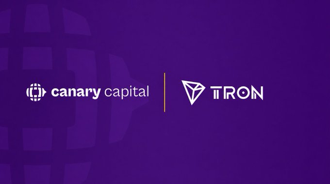 The image displays the Canary Capital and TRON logos side by side on a purple background, announcing their partnership for the launch of the Canary Capital TRX spot staked ETF (ticker TRXS), the first of its kind in the US, designed to give institutional investors exposure to TRX price action along with staking yield.