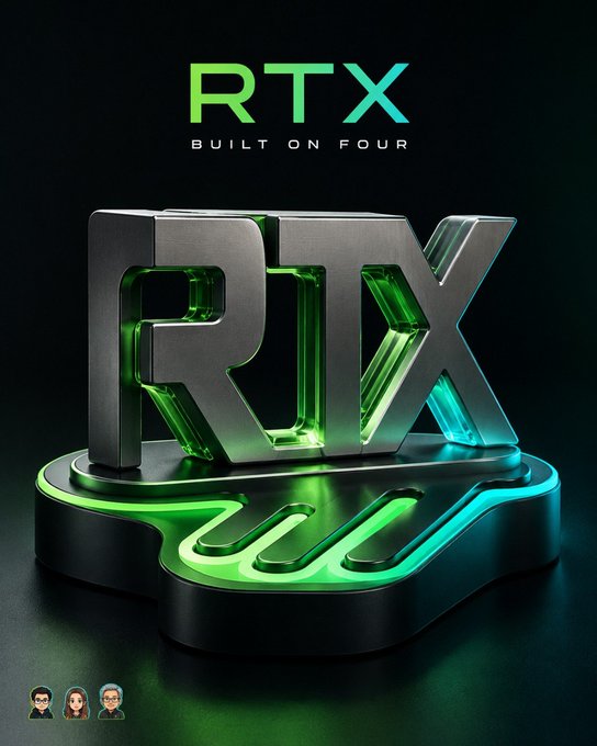 A sleek 3D-rendered logo display featuring "RTX BUILT ON FOUR" text above a metallic "RTX" emblem with glowing green and teal accents on a dark podium, visually reinforcing the poster's reference to the RTX community and ongoing line repair efforts.