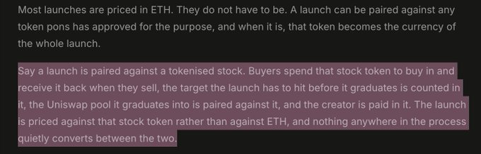 A screenshot of text explaining how launches on the platform 'pons' can be paired against any approved token, using a tokenised stock as an example rather than ETH.