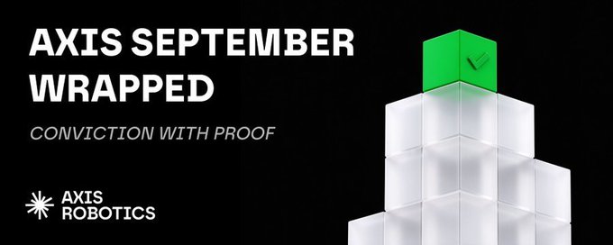 A promotional banner with a black background reading 'AXIS SEPTEMBER WRAPPED' with the subtitle 'CONVICTION WITH PROOF' and 'AXIS ROBOTICS' logo, alongside an image of stacked white cubes topped with a green cube.