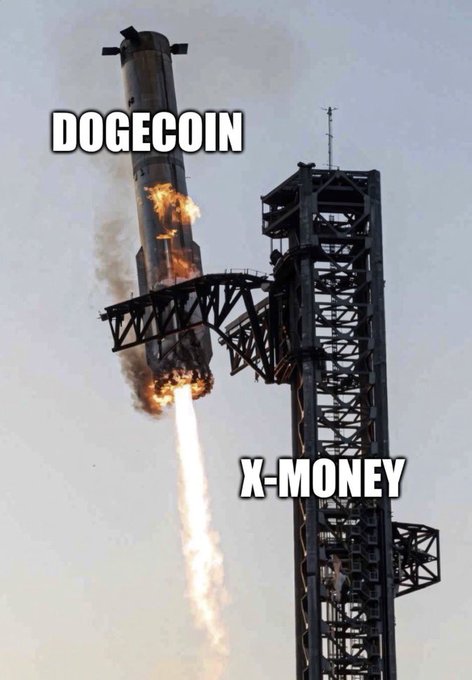 A meme showing a rocket booster visibly breaking apart and falling back to earth, with the falling rocket labeled 'DOGECOIN' and the launch tower labeled 'X-MONEY'.