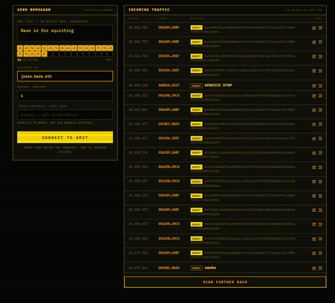 Dark-themed blockchain interface showing a 'SEND MEMOGRAM' form on the left with the message 'Base is for squitring' being sent to 'jesse.base.eth', and 'INCOMING TRAFFIC' transaction list on the right.