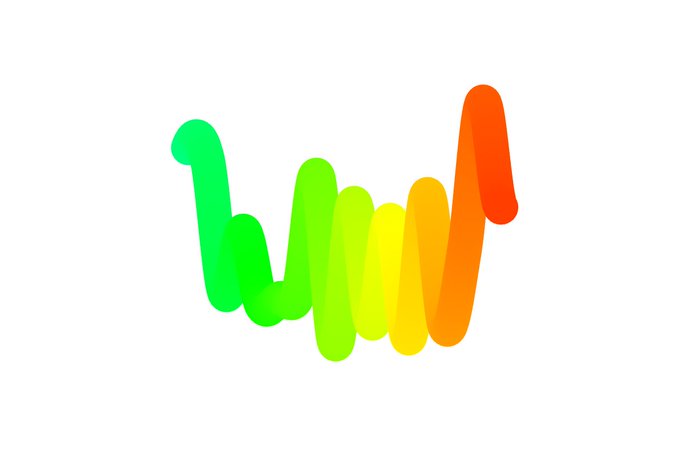 A colorful abstract logo featuring a wavy, ribbon-like design transitioning from green to yellow to orange against a white background.