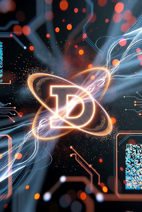 A stylized neon 'D' logo surrounded by orbital rings and circuit board patterns on a dark background.