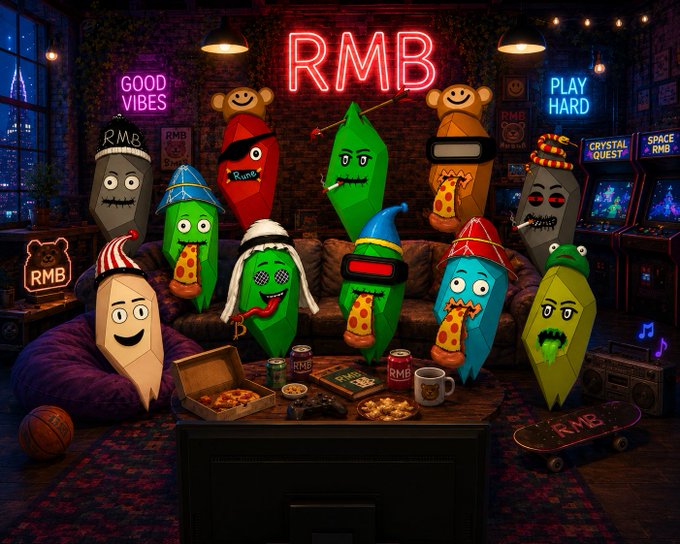 A group of cartoon pickle, pepper, and avocado characters wearing VR headsets, hats, and sunglasses gather in a neon-lit arcade room with "RMB" signage and "GOOD VIBES" and "PLAY HARD" neon lights. The playful gaming-themed image fits the post's announcement about a GTD Whitelist application, evoking a fun, community-driven vibe encouraging users to apply for early access.