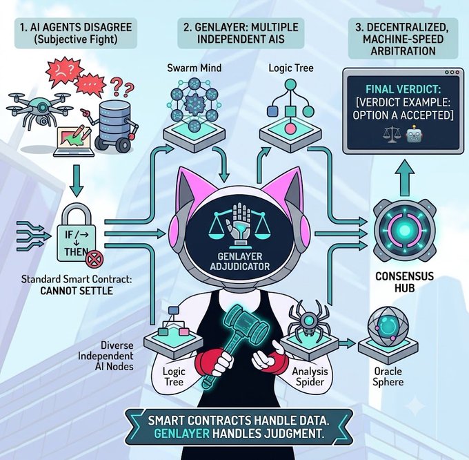 An infographic illustrating the GenLayer Adjudicator system, showing how AI agent disputes go through 'GenLayer: Multiple Independent AIs' (Swarm Mind, Logic Tree, Analysis Spider) and an Oracle Sphere to reach a 'Decentralized, Machine-Speed Arbitration' final verdict, with the tagline 'Smart contracts handle data. GenLayer handles judgment.'