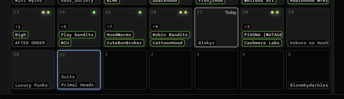 A calendar interface displaying a weekly schedule with dates and project names like 'BIG0,' 'Play bandits,' 'HoodWorms,' 'Robin Bandits,' 'PIXONA (MUTAGE),' and 'Suits,' with date 31 highlighted.