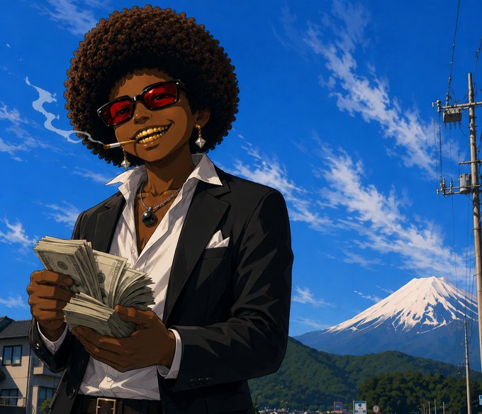 The image shows a stylized illustration of a person with an afro, red sunglasses, and gold grills wearing a black suit and holding a stack of cash with Mt. Fuji in the background, fitting the giveaway theme by visually representing crypto wealth and a winner's reward.
