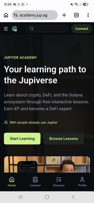 Screenshot of Jupiter Academy (academy.jup.ag) showing the homepage with the tagline "Your learning path to the Jupiverse," offering free interactive lessons on crypto, DeFi, and the Solana ecosystem, noting that 8M+ people use Jupiter, and featuring "Start Learning" and "Browse Lessons" buttons. The image directly illustrates the user's post about discovering Jupiter's free learning platform for understanding crypto and DeFi.