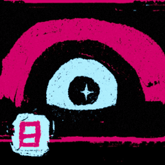 A small, pixelated retro-style animated face with one large blue eye and a pink hood against a black background.