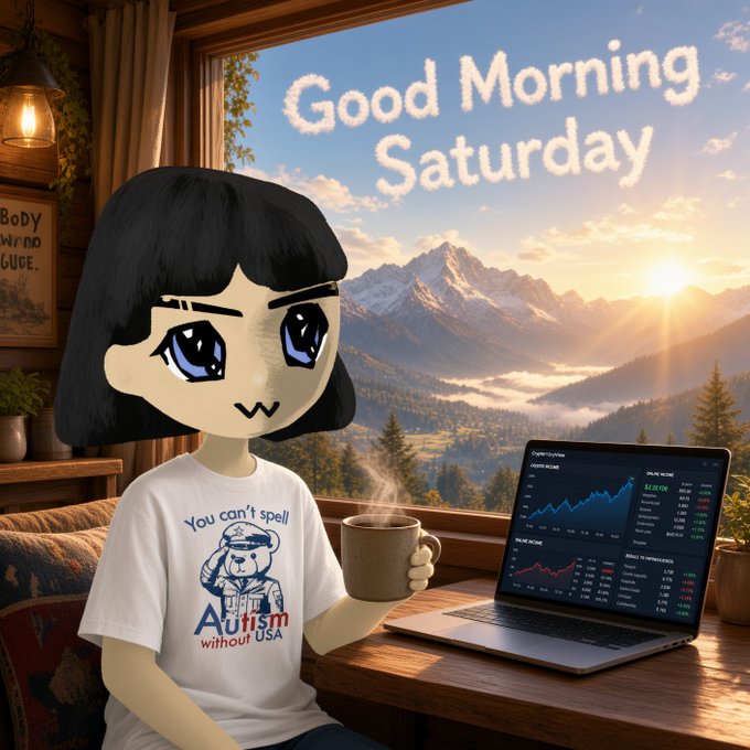 A digital illustration of an anime-style character holding a steaming mug of coffee in a cozy room with a mountain view; she wears a t-shirt reading 'You can't spell Autism without USA' and text in the sky says 'Good Morning Saturday'.