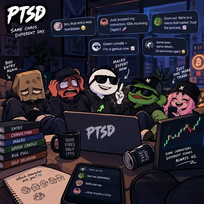 A colorful cartoon illustration shows a group of characters including a panda, frog, and others on a couch, with text bubbles and labels referencing trading terms like 'PTSD', 'ENTRY', 'CONVICTION', and 'MACRO'.