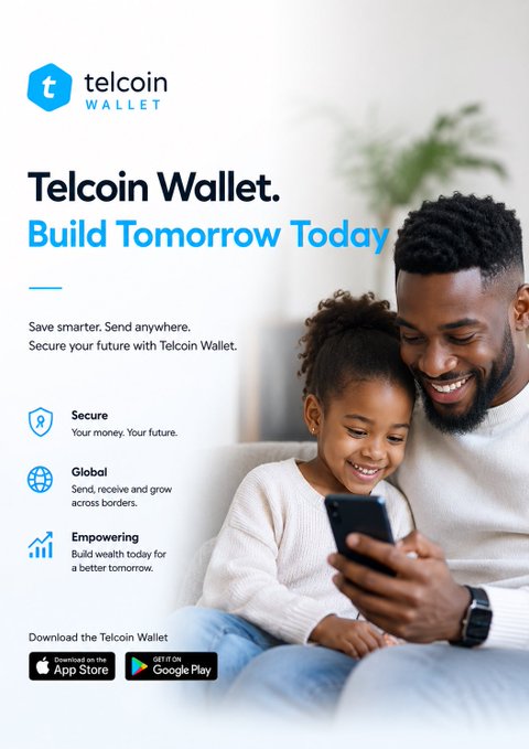The image features a man and a little girl sitting together, both looking at their cell phones. The text displayed on the image reads "Build Tomorrow Today. Telcoin iOS/Android: r.telco.in/8PUAgzcuHgLK9G". This suggests that they are using an app or website related to Telcoin wallet building and sharing information about it with each other, possibly as a part of their daily routine or bonding time.