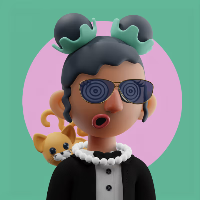 A 3D-rendered stylized female character with hair buns, spiral sunglasses, red lips, pearl necklace, and a cat peeking over her shoulder, set against a pink circle on a teal background.
