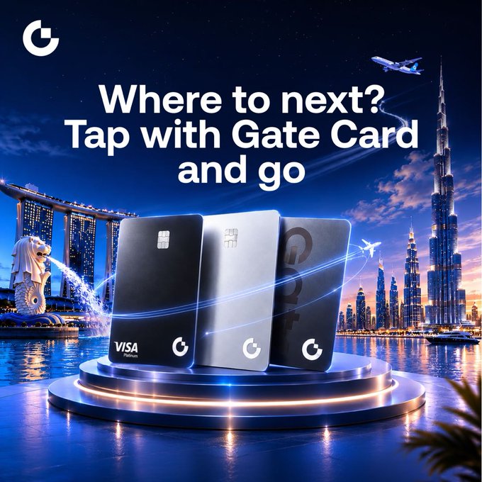 The image features a promotional poster for three different types of cards, including Visa, Apple Pay, and Google Pay. The cards are displayed against a backdrop of a city skyline at night with illuminated buildings. The text on the poster encourages viewers to "Where to next? Tap with Gate Card and go".