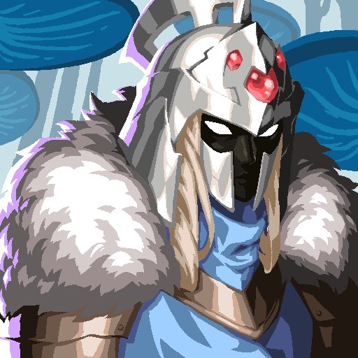 Digital artwork of a fantasy warrior character wearing a damaged silver helmet with red gemstones, dark face armor, and a thick white fur collar over blue clothing.