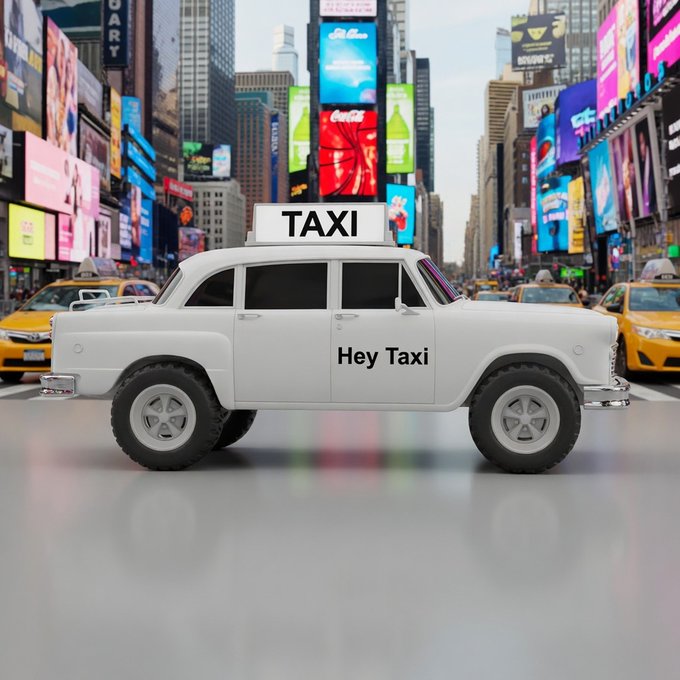 A white "TAXI" labeled car with "Hey Taxi" written on its side is displayed against a Times Square backdrop filled with colorful billboards and yellow cabs, promoting the Hot Rod Cab NFT collection available at onehub.nft.nyc.