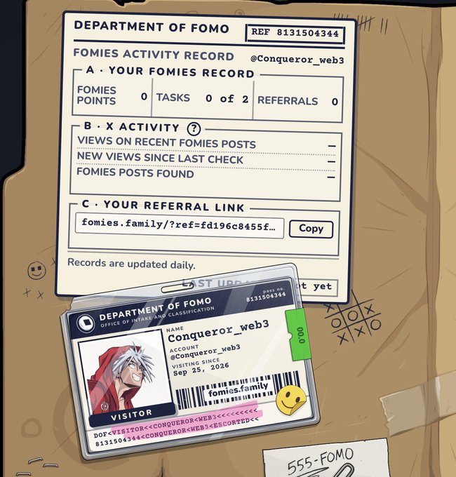 A manila folder labeled "DEPARTMENT OF FOMO" contains a Fomies Activity Record for user @Conqueror_web3 with a reference code (8131504344) and zero Fomies Points, alongside a matching visitor ID badge featuring an anime character. The image visually represents the early-stage onboarding to the @FomiesNFT project, with the displayed referral link (fomies.family/?ref=fd196c845…) tying directly to the caption's call-to-action for phase 1 participation.