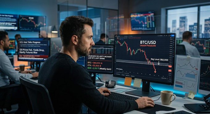 A trader intently monitors multiple screens showing BTC/USD charts under pressure near key $62,000 levels alongside news of falling oil prices, declining Treasury yields, and rising equity futures amid renewed U.S.-Iran talks. The image visually reinforces the article's theme of Bitcoin struggling against a paradoxically improving macro backdrop, as the trader's focused, somewhat tense posture mirrors the market's disconnect between favorable external conditions and crypto's continued weakness.