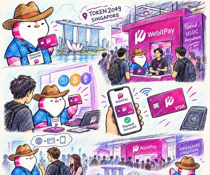 A colorful illustrated collage depicting a penguin mascot at TOKEN2049 SINGAPORE, featuring WebitPay branding, USDC, Bitcoin, and Ethereum logos, along with scenes of a Visa card and a successful payment notification.