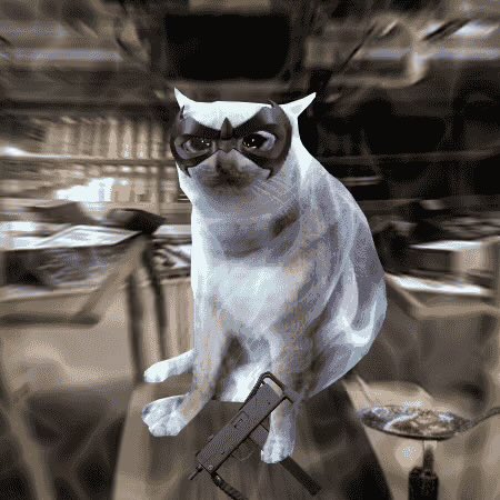 A white cat wearing black domino-style goggles sits on a desk holding a submachine gun in its paws, with a heavily blurred office background.