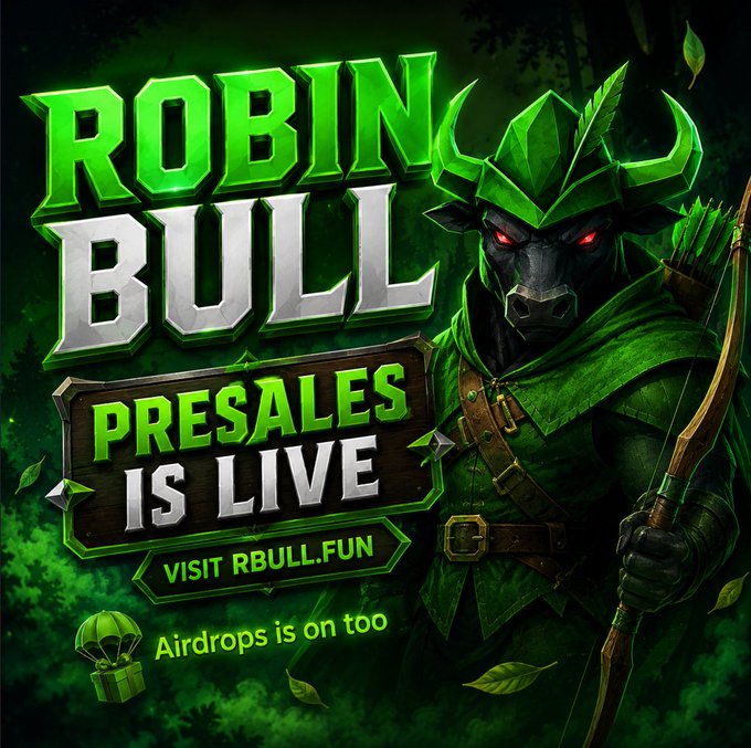 A promotional graphic for the $ROBINBULL ($RBULL) crypto presale features a fierce bull-headed archer in green attire with glowing red eyes, set against a dark forest backdrop. The text announces "ROBIN BULL PRESALES IS LIVE," directs viewers to visit rbull.fun, and notes "Airdrops is on too," directly supporting the accompanying post's call to action for buying tokens and participating in the airdrop.