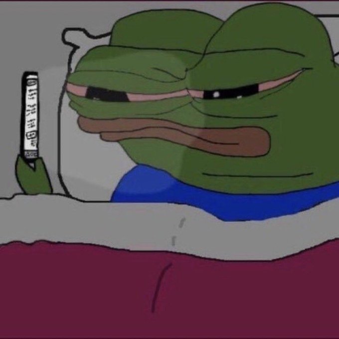 A cartoon Pepe the Frog lying in bed looking tired while holding a phone displaying social media icons.