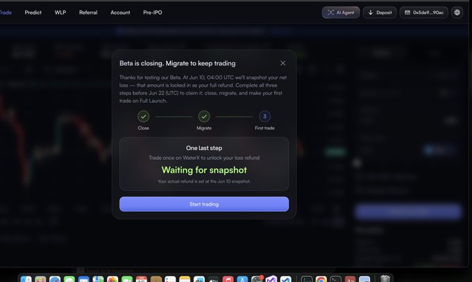 The image shows a computer screen displaying a trading platform, likely a stock trading app like WaterX. The screen has a message box that reads "Bits is closing, migrate to keep trading", indicating that the beta traders have ended their positions on this particular stock and are now waiting for the product to be built before they can start trading again.

The post about beta traders taking risks for the product's development is related to the image because it highlights how beta traders use the app to invest in new stocks, and if successful, receive a full net loss refund from the developers as part of their investment.