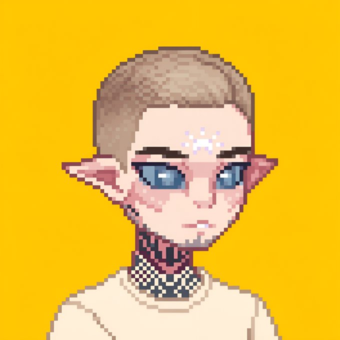 Pixel art portrait of an elf-like character with blonde hair, blue eyes, pointed ears, neck tattoos, and a white shirt against a yellow background.
