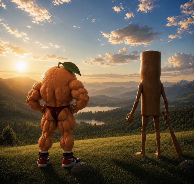 A muscular anthropomorphic orange wearing red briefs and sneakers stands alongside a wooden mannequin figure, both overlooking a scenic mountain landscape at sunset. The image pairs with the post about hitting multi-million milestones, with the "udin din din dun" phrase suggesting a triumphant, victorious moment as the figures overlook vast horizons from a high vantage point.