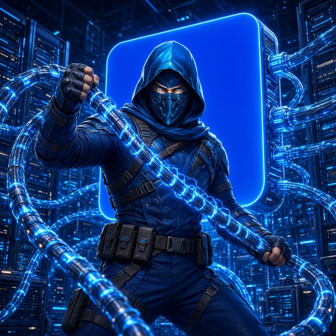 Digital artwork depicting a hooded ninja-like figure in blue tactical gear wielding glowing blue energy whips or cables. The figure stands in front of a glowing blue cube against a cyberpunk cityscape background.