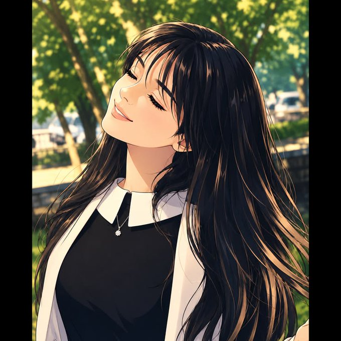 An anime-style illustration of a young woman with long dark hair, closed eyes, and a serene smile, wearing a black top with white collar and a small pendant necklace, set against a sunlit outdoor background with green foliage.