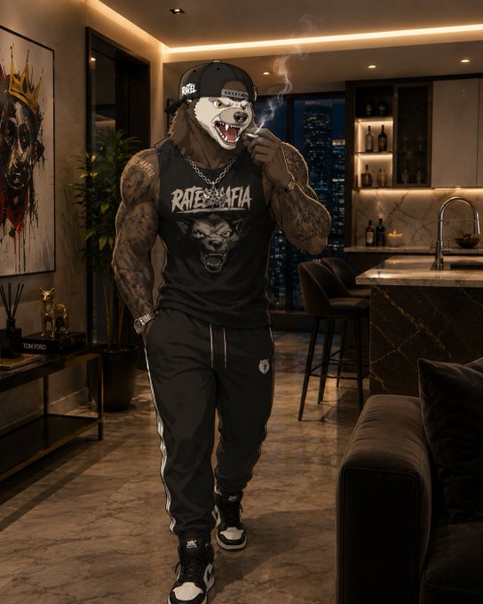 A digital artwork depicts a muscular figure wearing a dog/wolf mask and a 'RATE' tank top, smoking a cigarette in a modern luxury apartment at night.