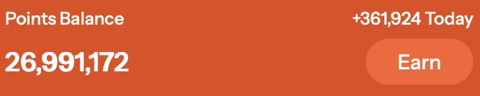 A screenshot of a points balance interface showing a total of 26,991,172 points with +361,924 earned today, alongside an 'Earn' button on an orange background.