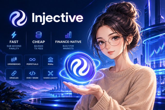 The image showcases a stylized anime-style woman holding a glowing Injective (INJ) logo orb, with the brand name "Injective" prominently displayed at the top alongside key features including "FAST" (sub-second finality), "CHEAP" ($0.0003 TX fees), and "FINANCE-NATIVE" markets. Below, feature icons highlight orderbooks, perpetuals, RWAs, oracles, EVM + WASM, and shared liquidity, visually reinforcing the post's emphasis on INJ's speed, low cost, and comprehensive DeFi infrastructure.