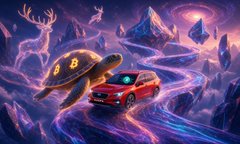 A red SUV with glowing blue eyes drives down a cosmic purple highway alongside a mystical horned creature, symbolizing Kaspa's swift and innovative progression past Bitcoin's slower deliberation. The fantasy landscape and forward motion illustrate Kaspa's leap ahead with its successful hard fork implementation.