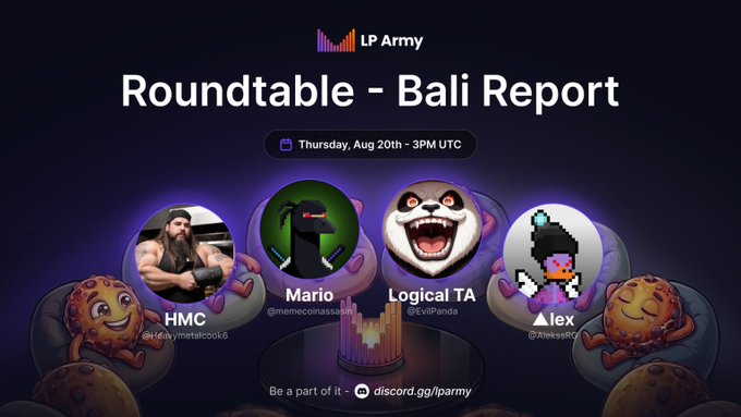 A promotional graphic for the "LP Army Roundtable - Bali Report" scheduled for Thursday, Aug 20th at 3PM UTC, featuring four speaker avatars labeled HMC (@heavy metalook), Mario (@memeonasasss), Logical TA (@EvilPanda), and ▲lex (@AlekssRG), with cartoon cookie characters surrounding them and a Discord invitation link at the bottom. The image visually corresponds to the announcement of the LP Army community roundtable discussing topics like the "Bali Report," Meteora Marathon, and idea foundry.